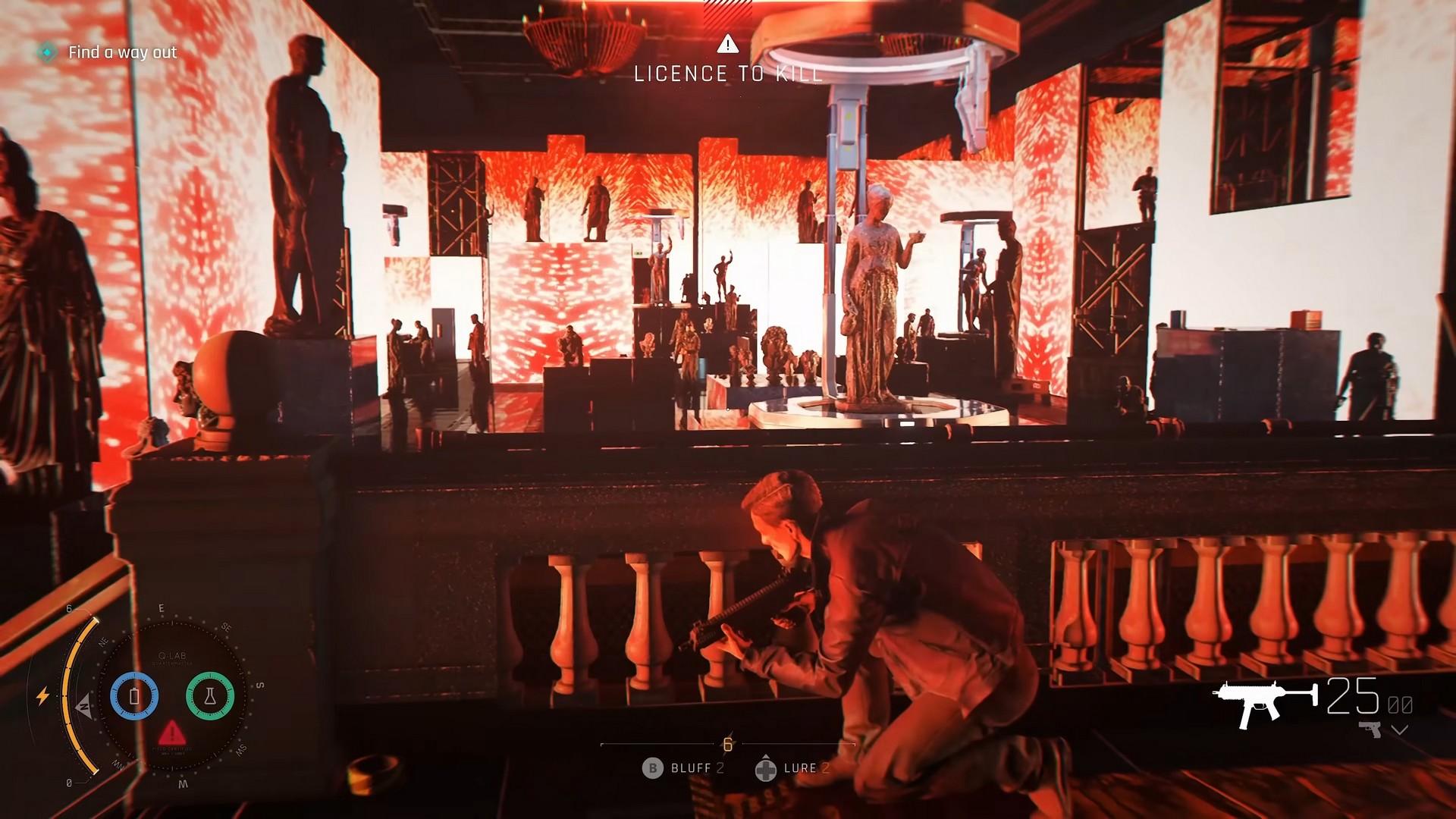 James Bond in 007 First Light holds an SMG as he takes cover at a balacony in a room filled with statues