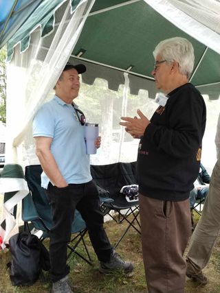 Space.com Night Sky columnist, Joe Rao (on the right) discussing prospects for viewing comet Nishimura with astronomer Daniel Green at the recent Stellafane astronomy conference in Springfield, Vermont. Green, a comet expert who has been a fixture at the Central Bureau for Astronomical Telegrams for the past four decades, does not think the comet will become an eye-catching sight for most astronomy neophytes.