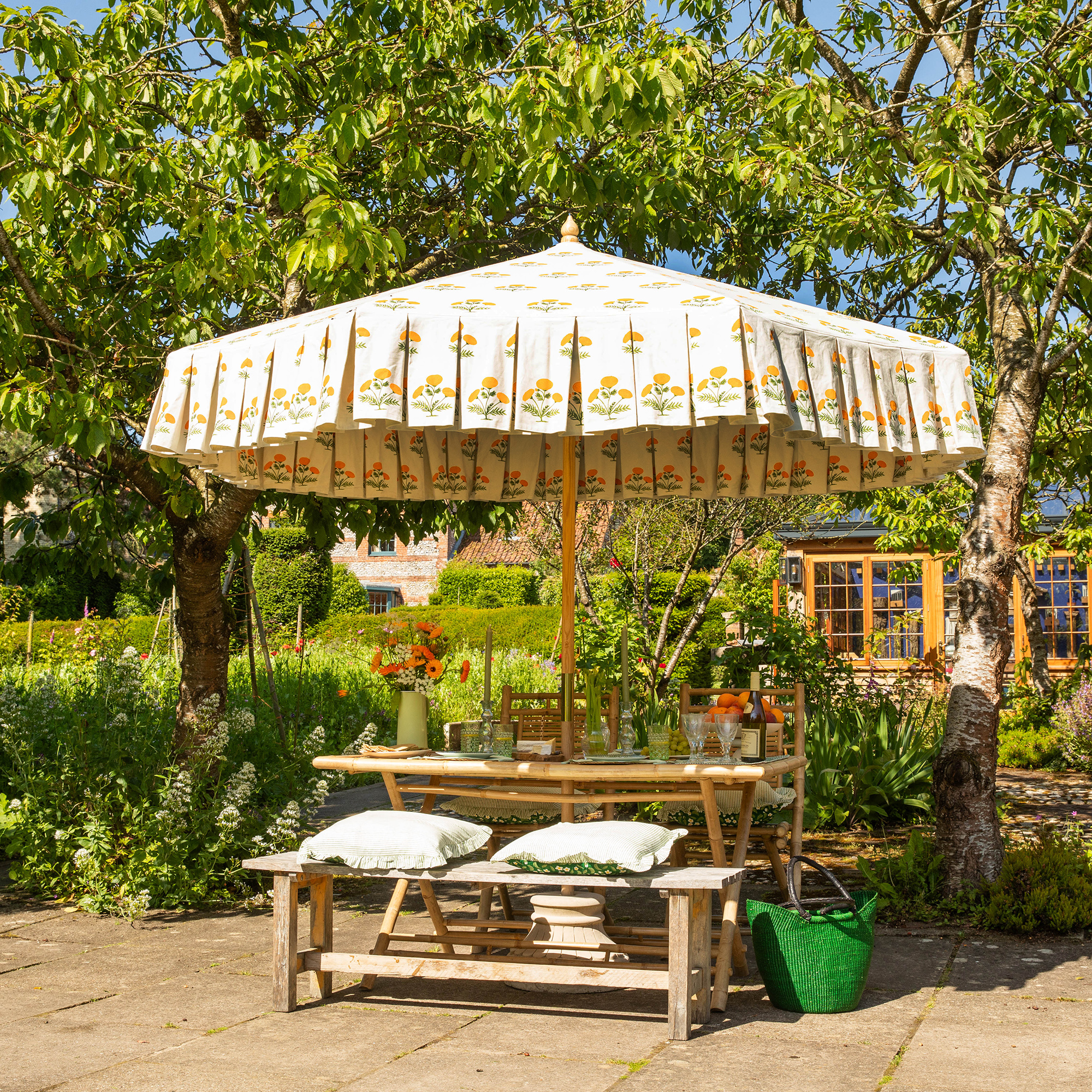 Block print parasol in garden