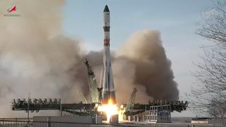 A Soyuz rocket launches the Progress 94 cargo spacecraft from Baikonur Cosmodrome on March 22, 2026.