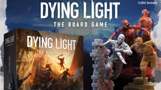 Dying Light the Board Game promotional image showing the game's box and some minatures