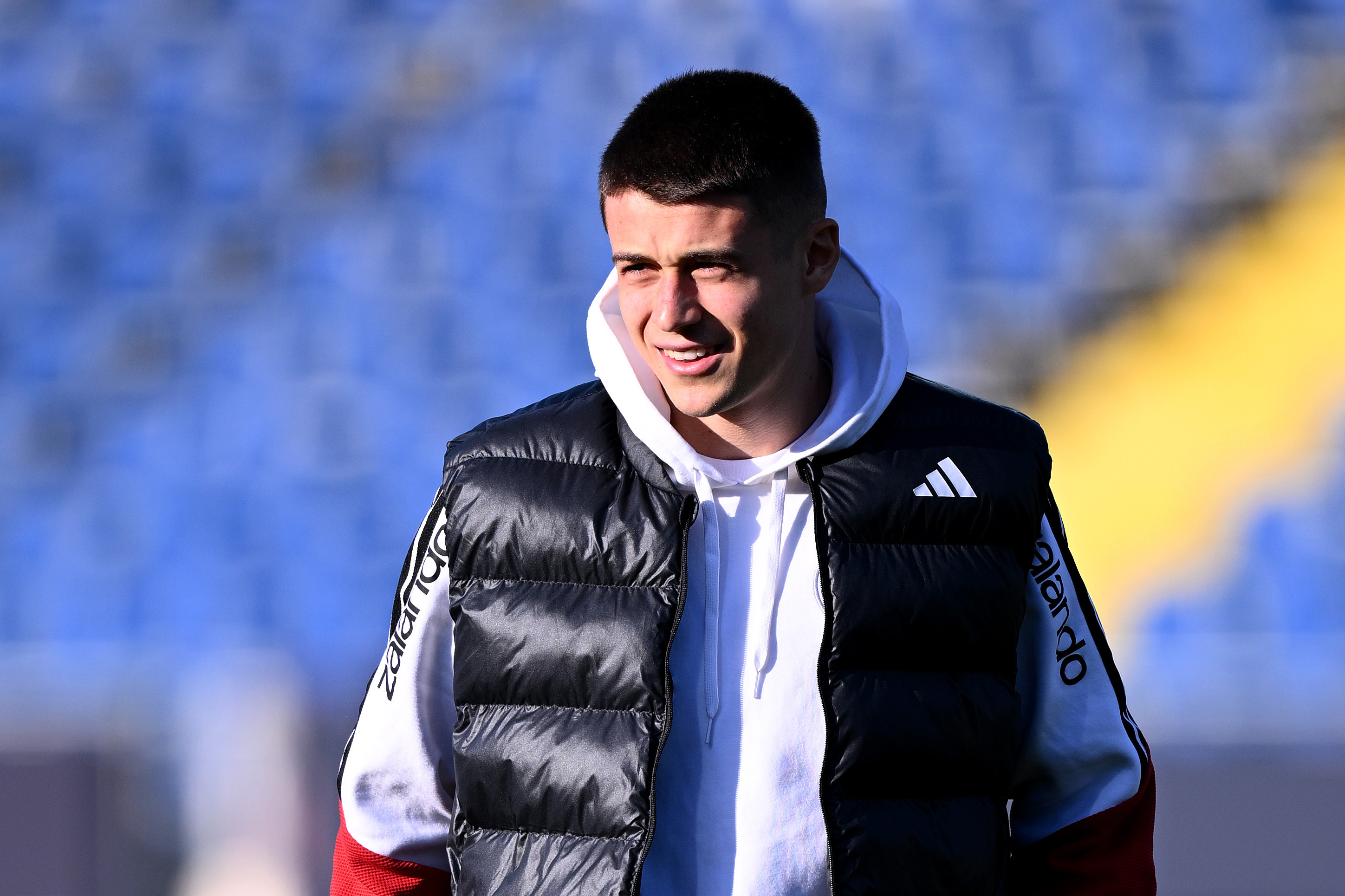 BRAUNSCHWEIG, GERMANY - MARCH 27: Nicolo Tresoldi of Germany inspects the pitch prior to the UEFA Under21 EURO Qualifier between Germany U21 and Northern Ireland U21 at Eintracht Stadion on March 27, 2026 in Braunschweig, Germany. (Photo by Stuart Franklin/Getty Images)