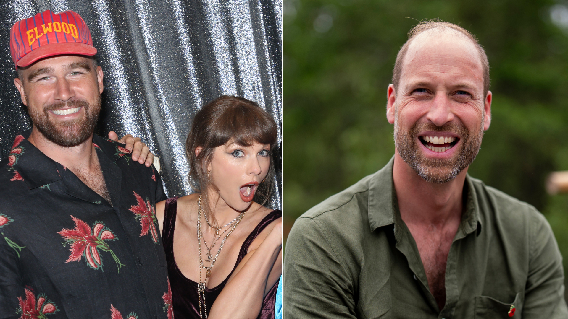 Travis Kelce wears a Hawaiian shirt and baseball cap while his wife Taylor Swift makes an exaggerated facial expression with her mouth wide open, and Prince William laughs in a khaki green shirt