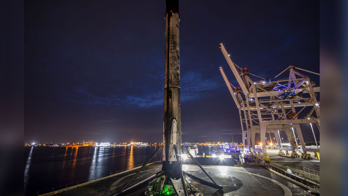 The SpaceX Falcon 9 booster seen in Port Canaveral after returning home to Cape Canaveral, Florida after its June 17, 2021 launch and landing.