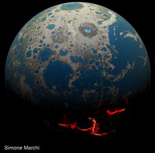 An artist's illustration of the Hadean Earth, when the rock fragment was formed. Impact craters, some flooded by shallow seas, cover large swaths of the Earth's surface. The excavation of those craters ejected rocky debris, some of which hit the moon.