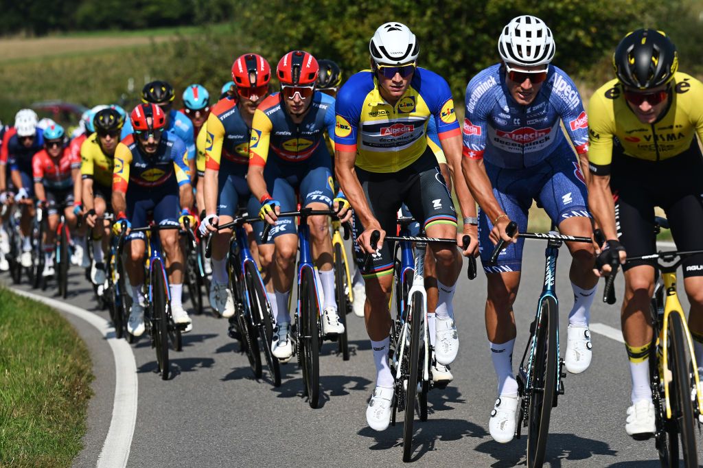 SCHIFFLANGE LUXEMBOURG SEPTEMBER 19 Mathieu Van Der Poel of The Netherlands and Team AlpecinDeceuninck Yellow leader jersey competes during the 84th Tour de Luxembourg 2024 Stage 2 a 155km stage from Junglinster to Schifflange UCIWT on September 19 2024 in Schifflange Luxembourg Photo by Tim de WaeleGetty Images