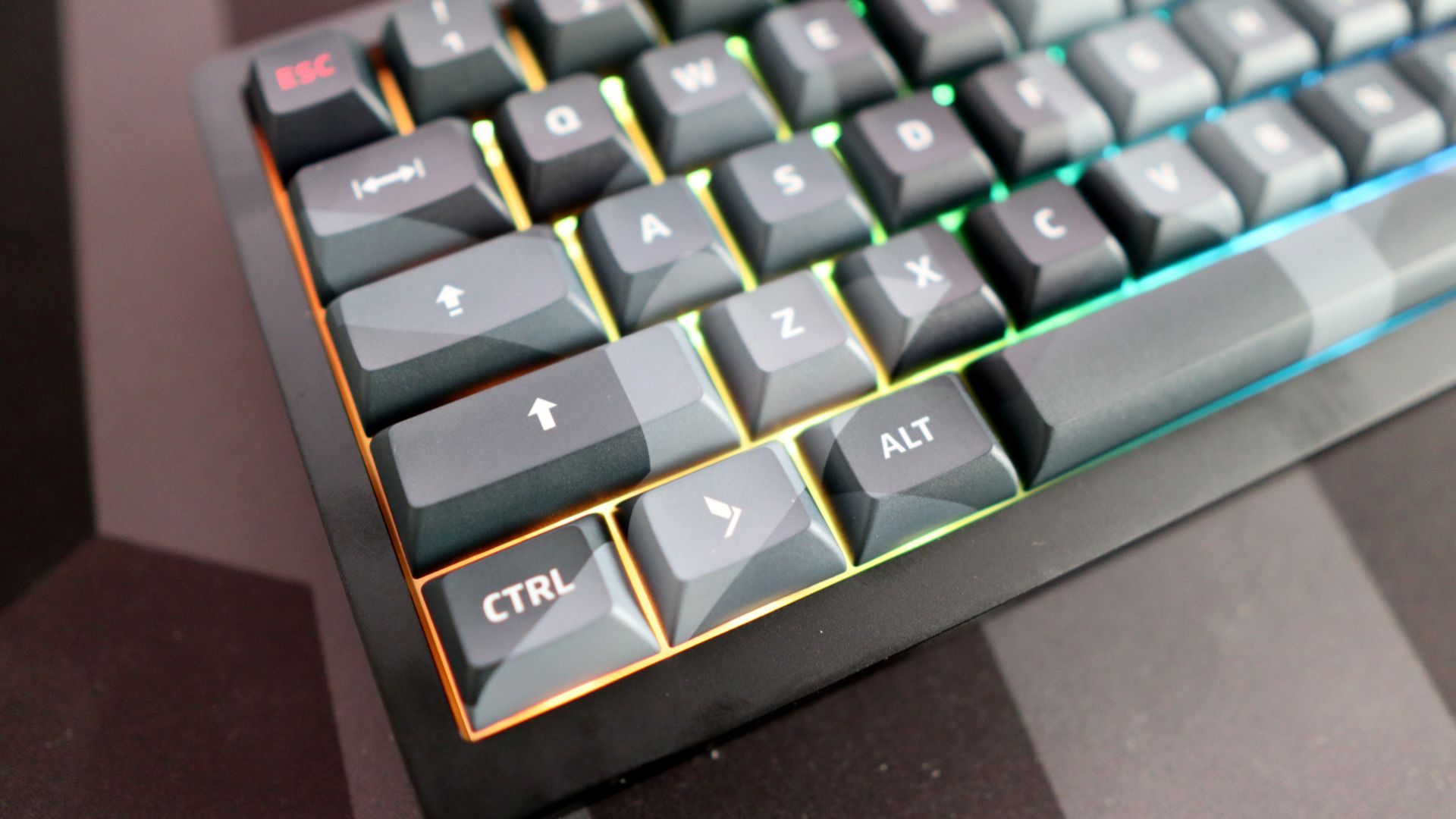 A Das Keyboard DeltaForce 65 gaming keyboard with Cherry MX switches and in camo colourway on a desk.