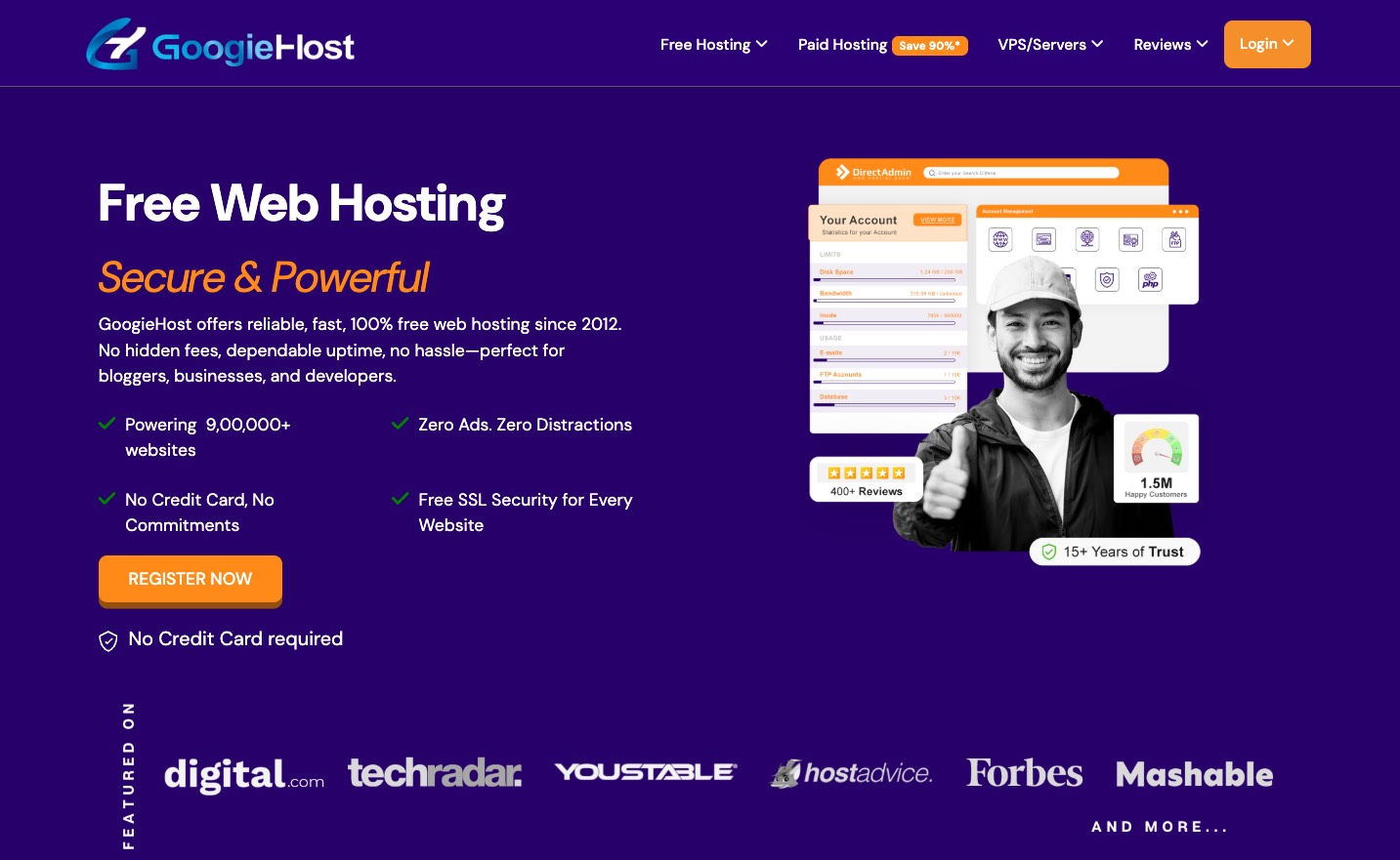 screenshot of the Googiehost website main landing page