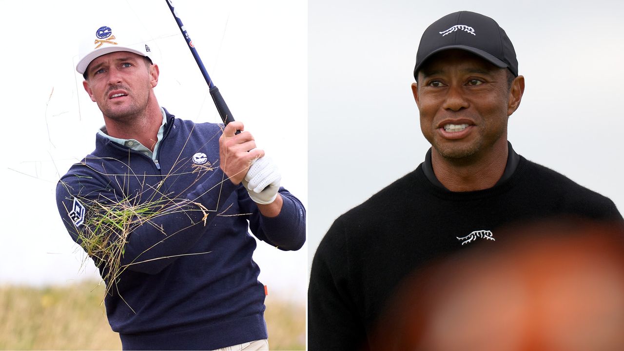 Bryson DeChambeau and Tiger Woods hit tee shots and watch the flights