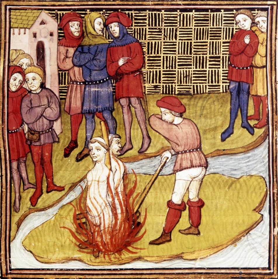 Detail of a miniature of the burning of the Grand Master of the Templars and another Templar.