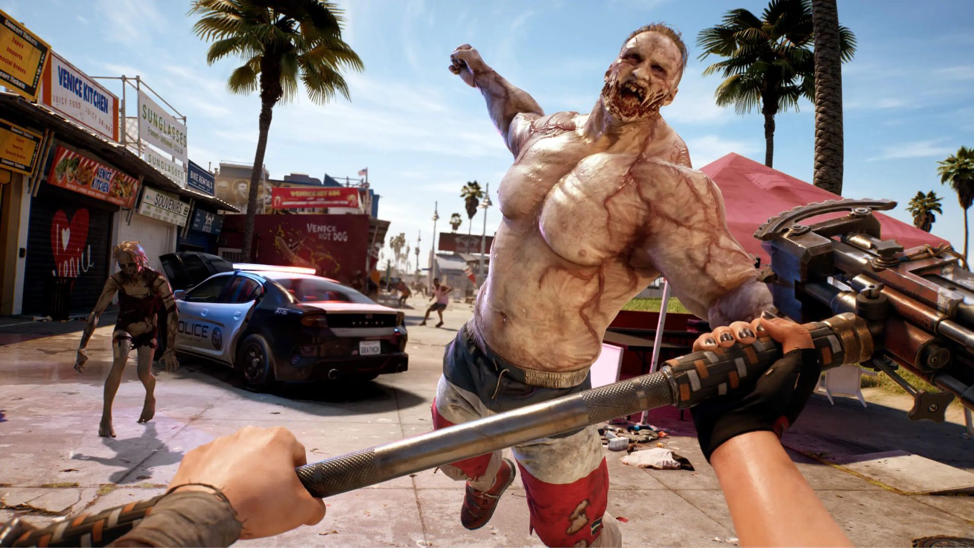 A huge zombie is getting ready to hit the player in Dead Island 2