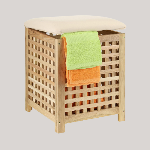 Relaxdays Laundry Basket With Seat, Walnut, 50x39x39 Cm, 45 L Washing Box, Bathroom Stool With Storage Space, Natural