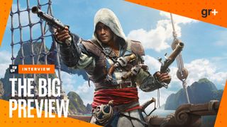 Edward Kenway wields his flintlock pistols on a ship in key art for Assassin's Creed Black Flag Resynced, with the GamesRadar+ orange Big Preview frame