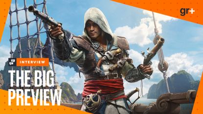 Edward Kenway wields his flintlock pistols on a ship in key art for Assassin's Creed Black Flag Resynced, with the GamesRadar+ orange Big Preview frame