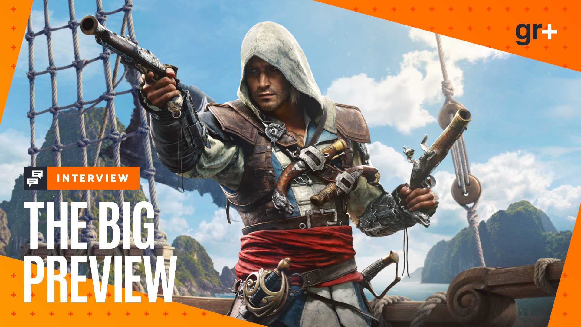 Edward Kenway wields his flintlock pistols on a ship in key art for Assassin's Creed Black Flag Resynced, with the GamesRadar+ orange Big Preview frame