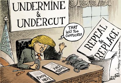 Political cartoon U.S. Trump repeal and replace obamacare Iran deal