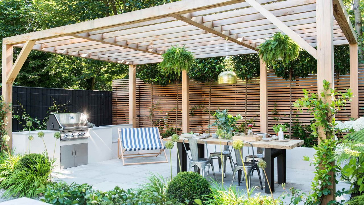 large pergola ideas over outdoor entertaining space