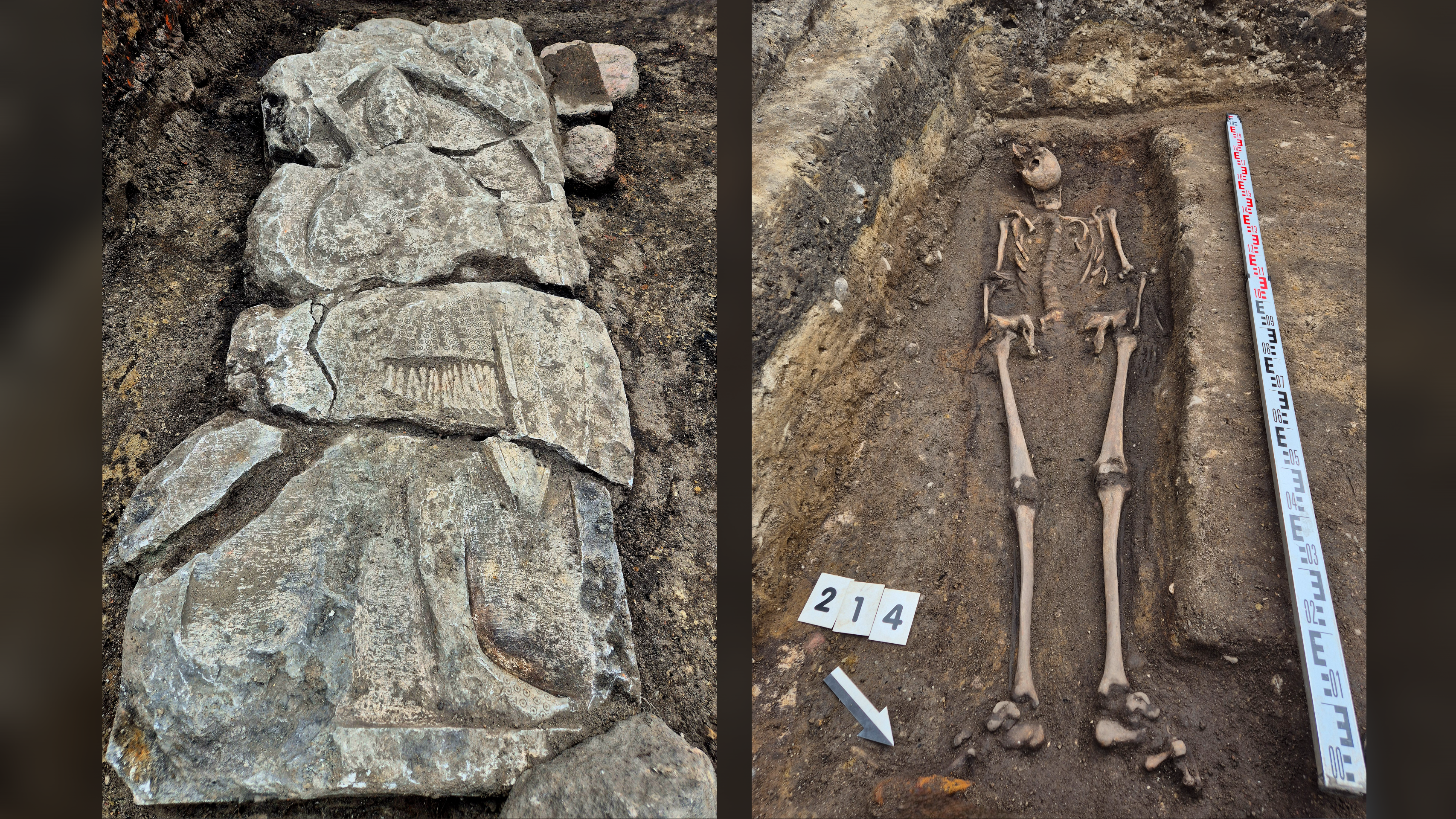 a tombstone on the left and a human skeleton on the right