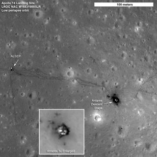 The paths left by astronauts Alan Shepard and Edgar Mitchell on both Apollo 14 moon walks are visible in this LRO image. (At the end of the second moon walk, Shepard famously hit two golf balls.) The descent stage of the lunar module Antares is also visib