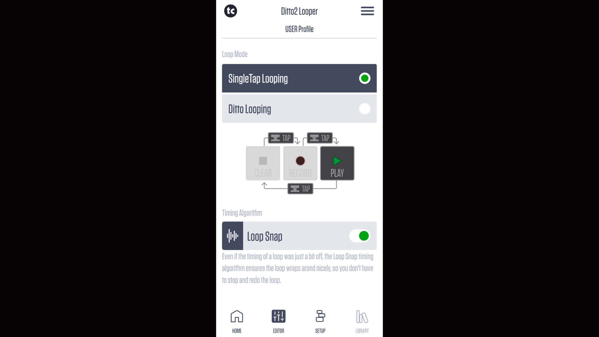 A screenshot of the TC Electronic Ditto 2 Looper companion app