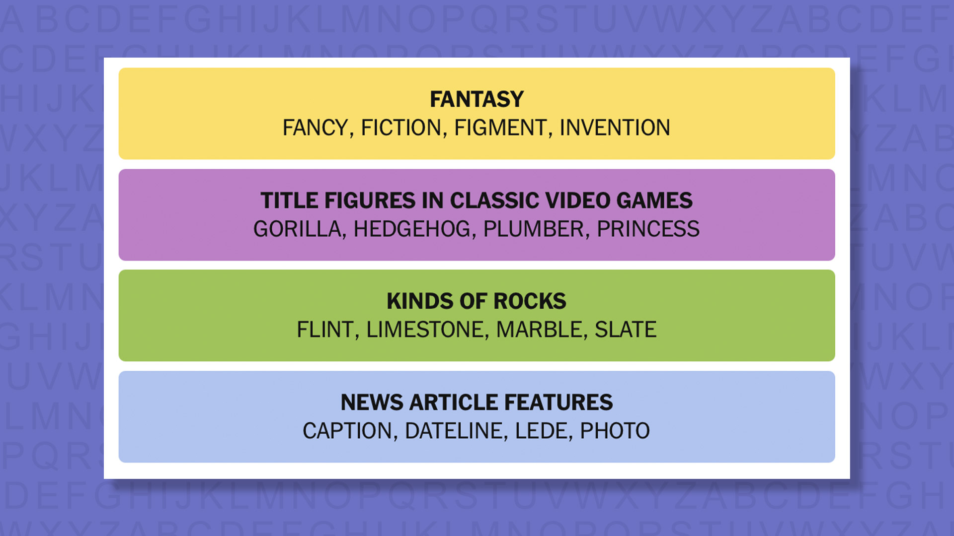 NYT Connections answers for game 851 on a purple background