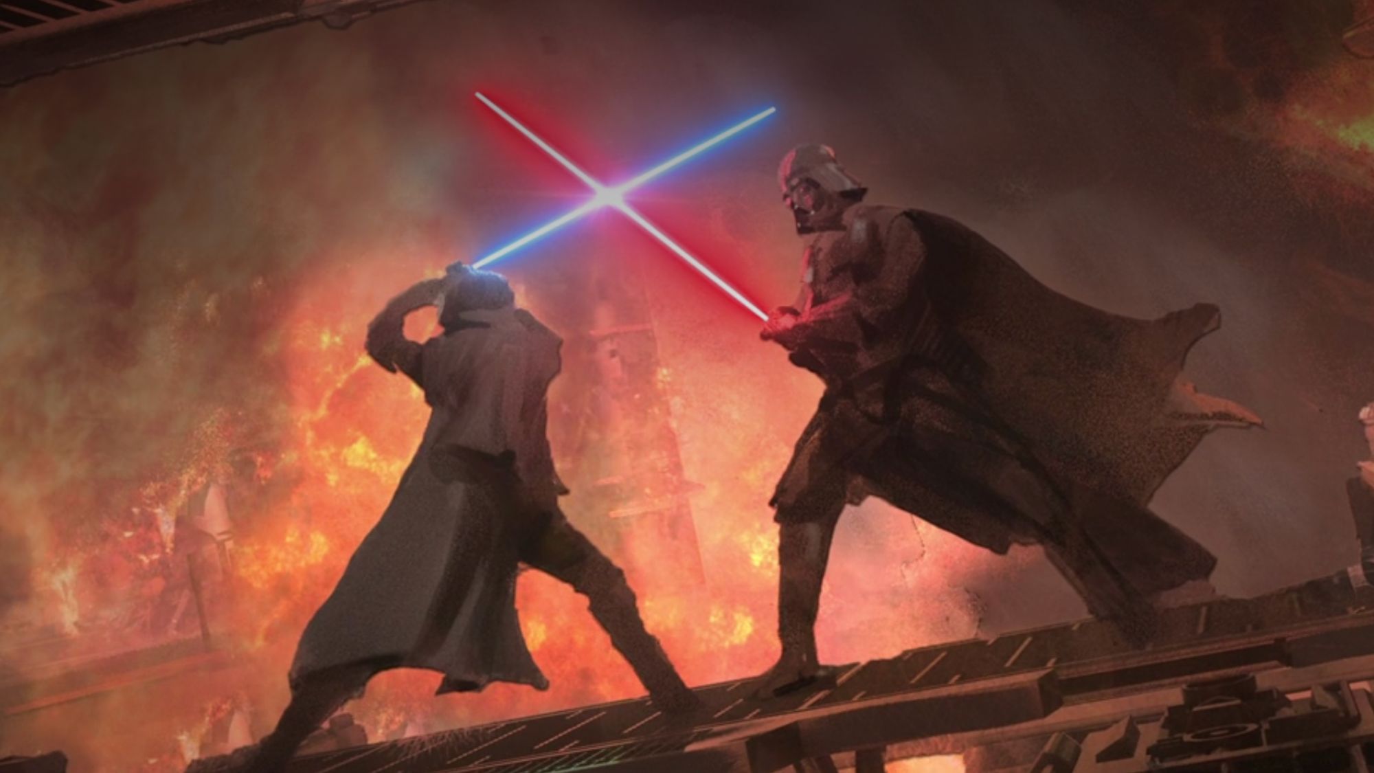 Obi-Wan Kenobi concept art featuring Obi-Wan Kenobi and Darth Vader in a lightsaber duel