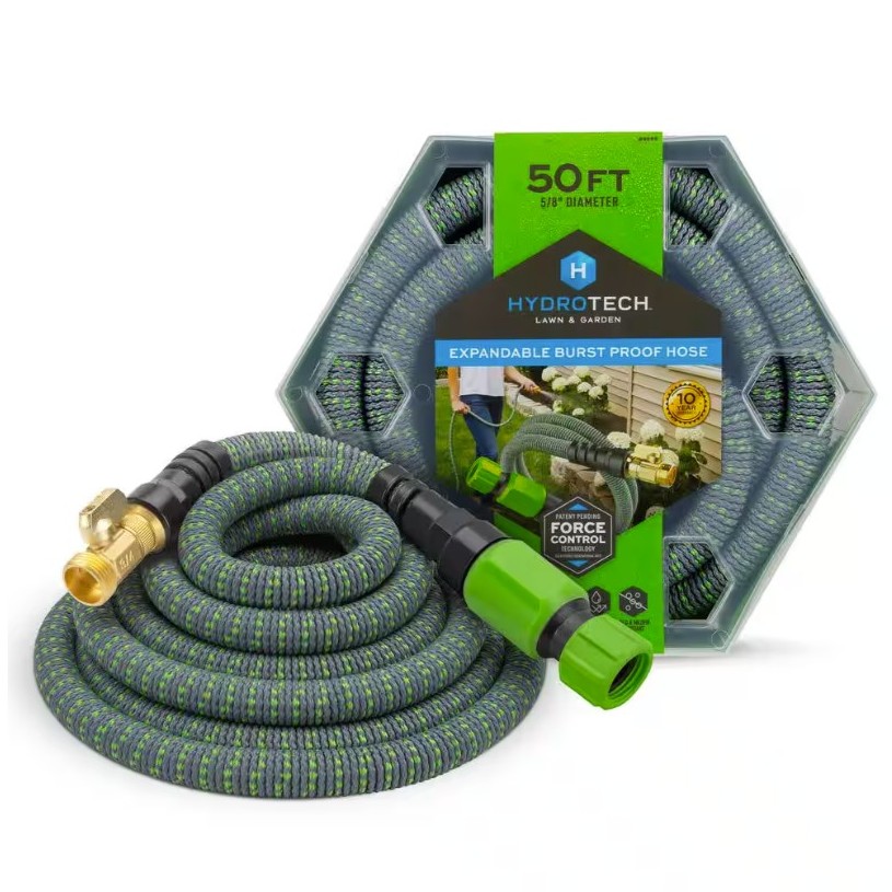 Hydrotech Expandable Garden Water Hose, pictured in packaging and without, against white background.
