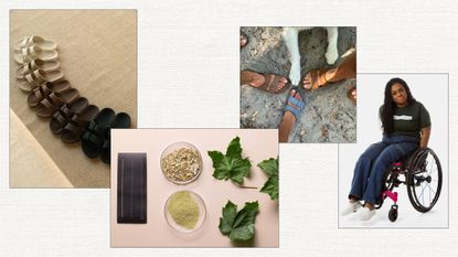 A collage of images of shoes, leather, and a woman in a wheelchair 