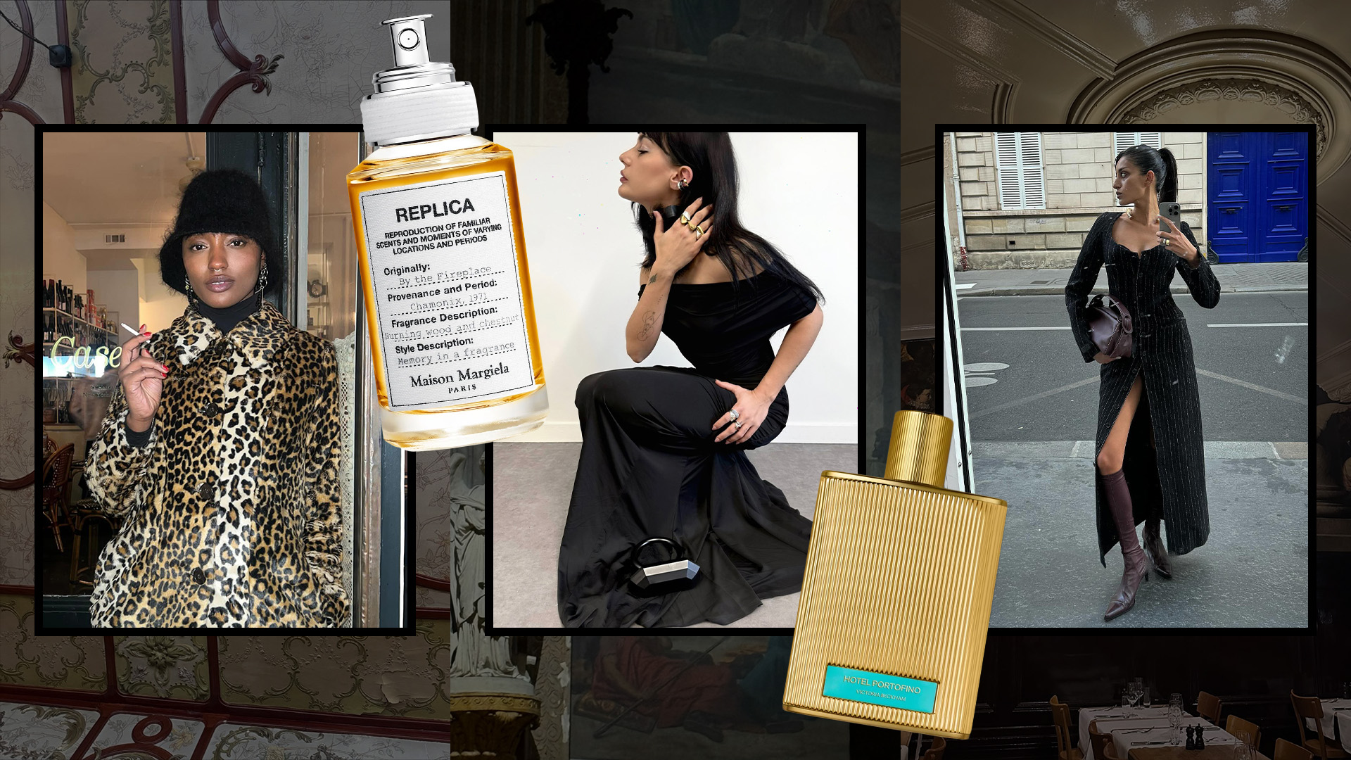 A collage of women wearing chic, dark outfits in front of rustic, old-world interiors with smoky perfumes overlaid.