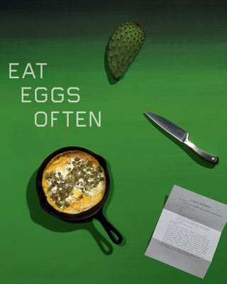 Ed Ruscha’s cactus omelette with a cactus, knife and typed recipe