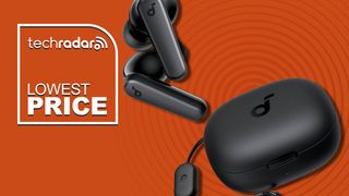 Soundcore by Anker P20i earbuds and case on orange TechRadar background with 'lowest price' badge