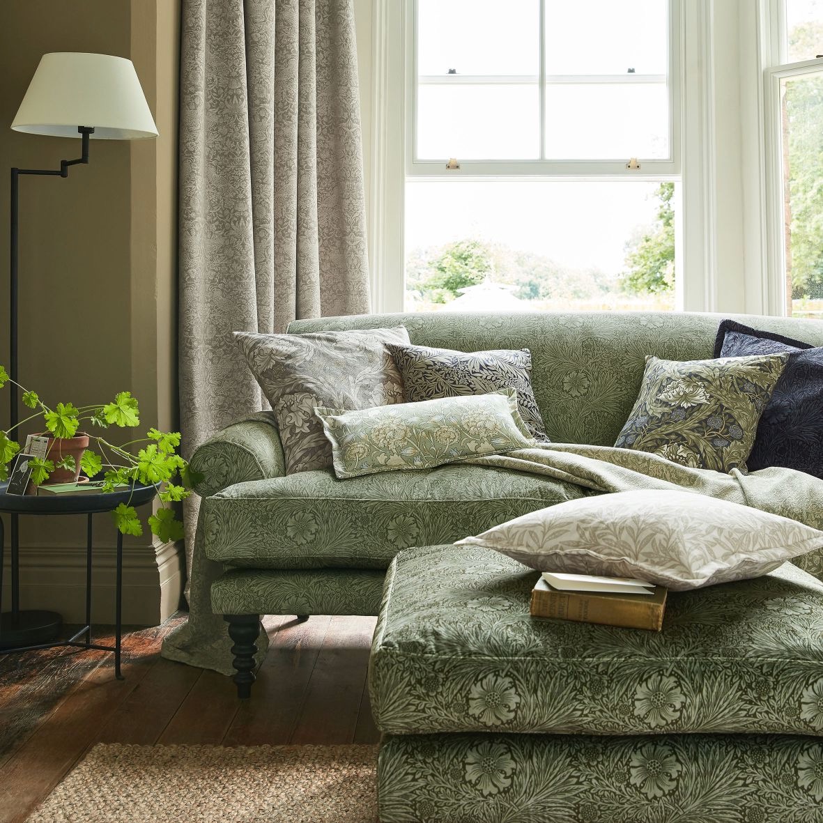 Neutral living room with green Morris at Home sofa by Sofa.com