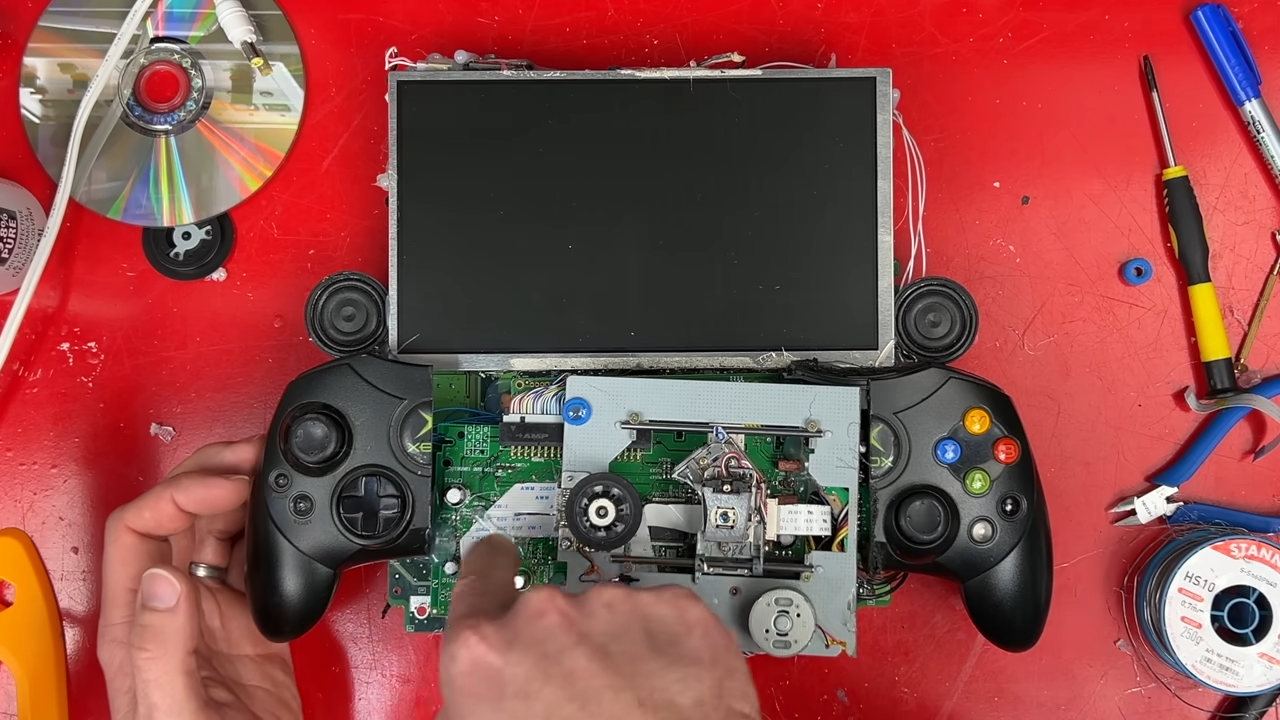 A screenshot from James Channel&#039;s video turning an Xbox Original portable