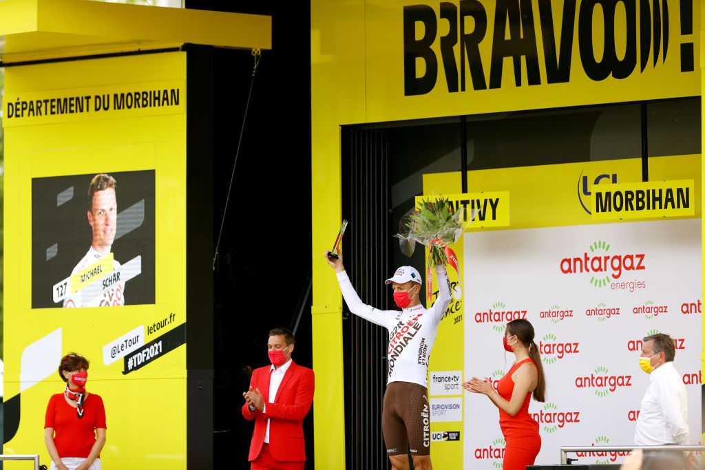 PONTIVY FRANCE JUNE 28 Michael Schr of Switzerland and AG2R Citron Team Most Combative Rider celebrates at podium during the 108th Tour de France 2021 Stage 3 a 1829km stage from Lorient to Pontivy Trophy LeTour TDF2021 on June 28 2021 in Pontivy France Photo by Tim de WaeleGetty Images