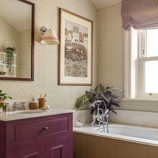 classic bathroom in maroon and mustard