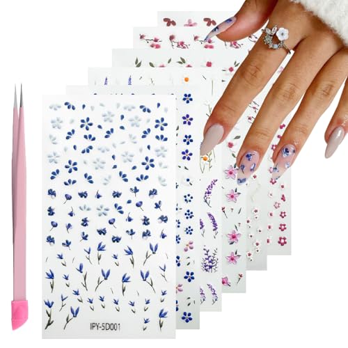 Itpoyol 6 Sheets Flower Nail Art Stickers Decals 5d Embossed Self-Adhsive Nail Art Supplies Spring Summer Colorful Wildflowers Daisy Lavender Design Nail Stickers for Women Diy Manicure Decorations