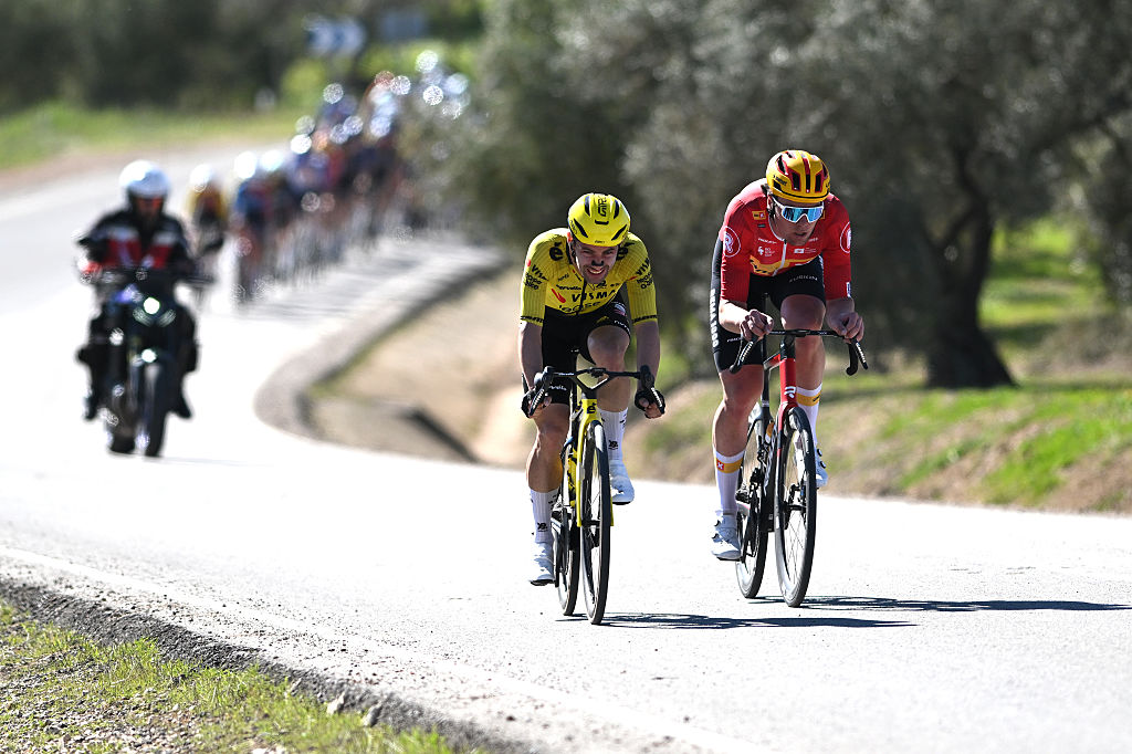 LUCENA, SPAIN - FEBRUARY 22: (L-R) Victor Campenaerts of Belgium and Team Visma | Lease a Bike and Soren Waerenskjold of Norway and Team Uno-X Mobility compete in the breakaway during the 72nd Vuelta a Andalucia Ruta Ciclista Del Sol 2026, Stage 5 a 167.8km stage from La Roda de Andalucia to Lucena on February 22, 2026 in Lucena, Spain. (Photo by Szymon Gruchalski/Getty Images)