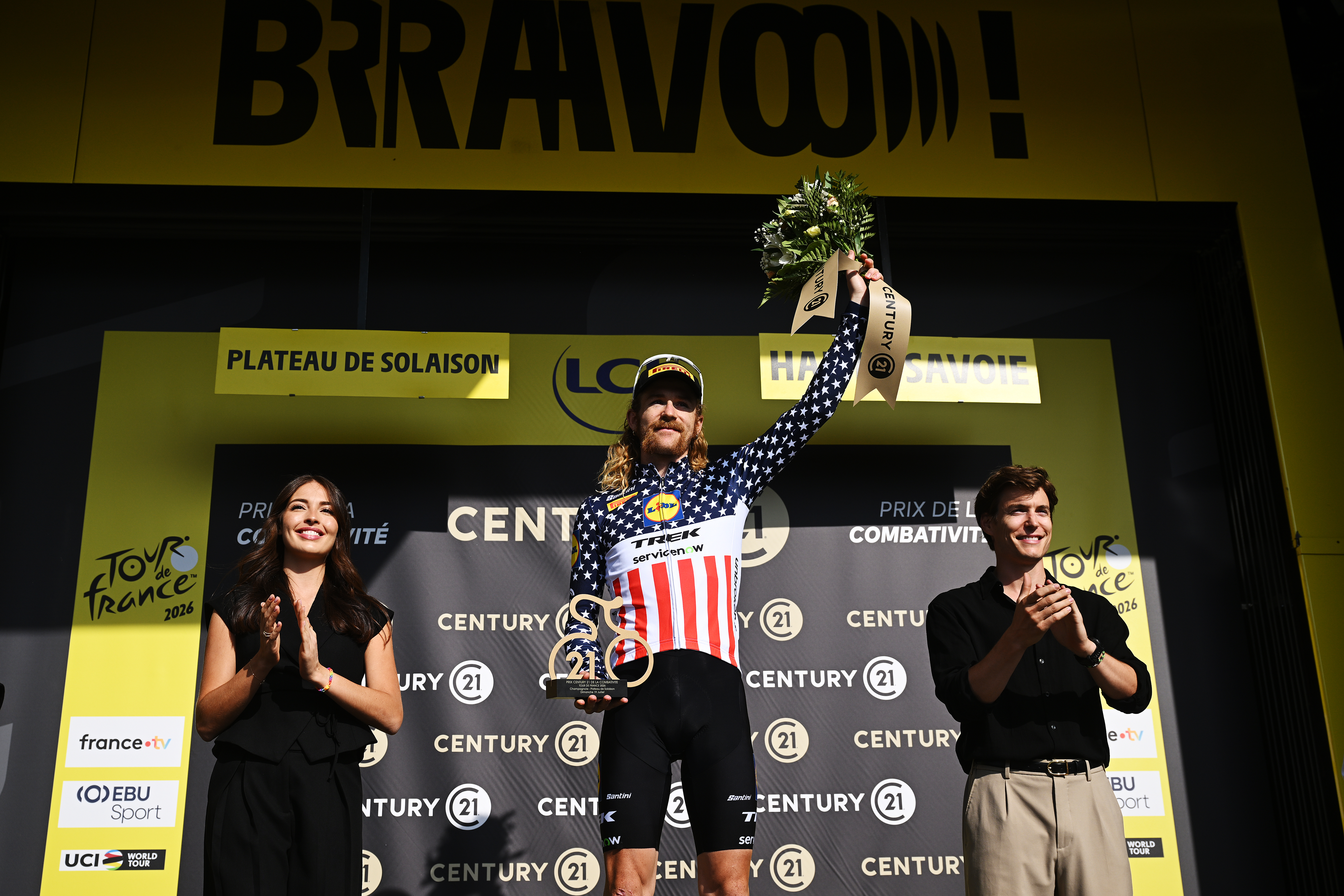 PLATEAU DE SOLAISON, FRANCE - JULY 19: Quinn Simmons of United States and Team Lidl - Trek celebrates at podium as most combative rider prize winner during the 113th Tour de France 2026, Stage 15 a 183.9km a 155.3km stage from Champagnole to Plateau de Solaison 1501m / #UCIWT / on July 19, 2026 in Plateau de Solaison, France. (Photo by Dario Belingheri/Getty Images)
