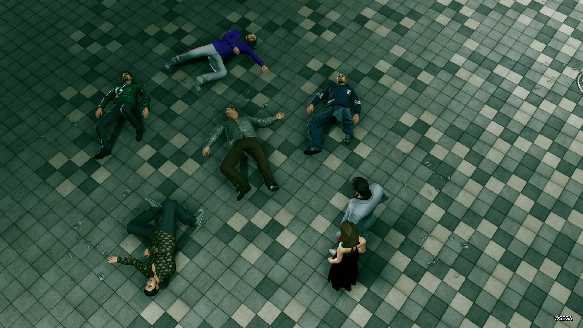 Kiryu and a woman stand beside a horde of beat-up Yakuza in Yakuza Kiwami 2