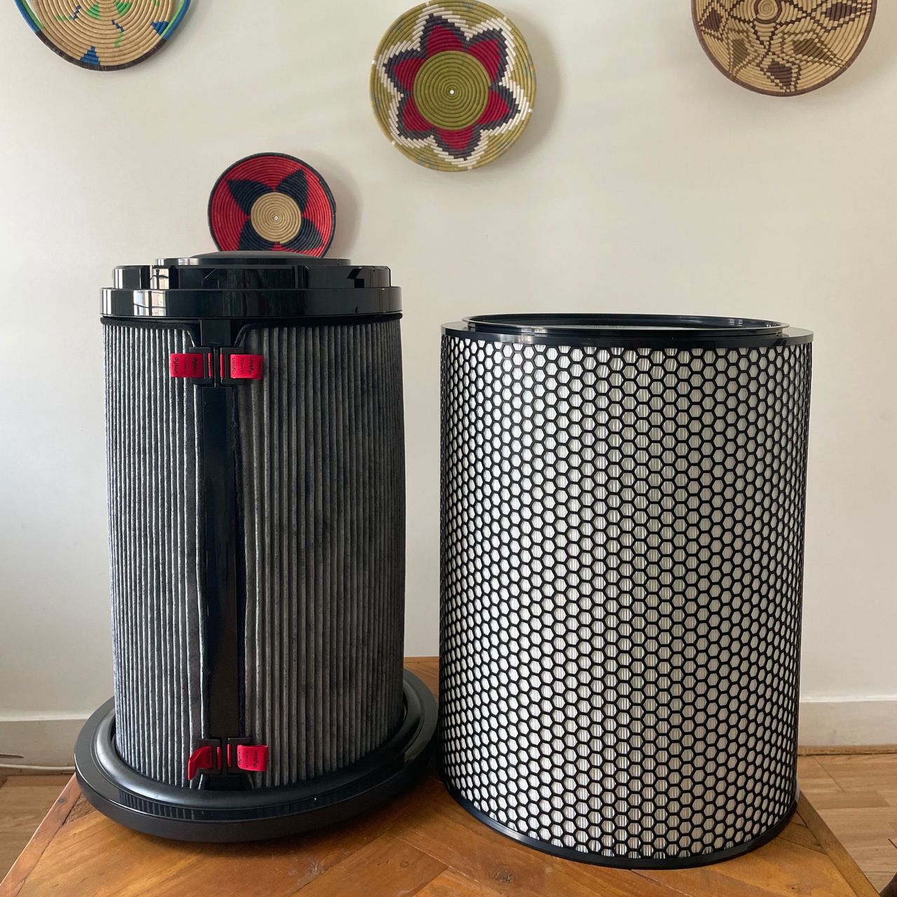 Filters of Dyson Purifier Big+Quiet Formaldehyde sitting on a wooden table