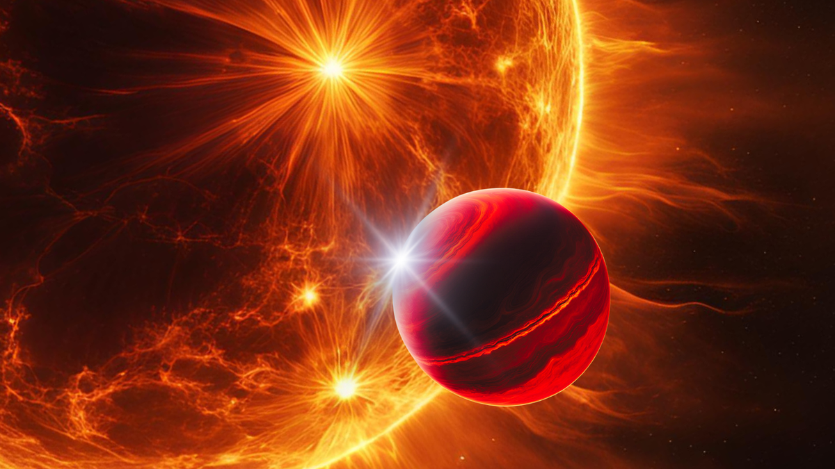 An illustration of a red orb very close to a glowing star.