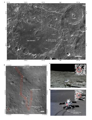 These images from the China National Space Agency show the location of the country's Chang'e 4 moon lander and path of the Yutu 2 rover on the far side of the moon. The spacecraft landed in January 2019.