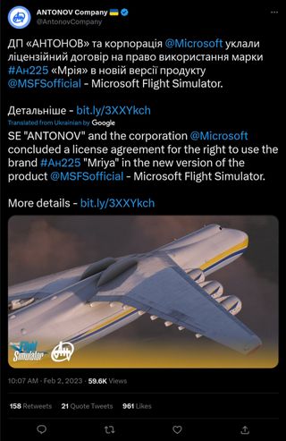 Antonov confirms deal to bring An-225 to Microsoft Flight Simulator