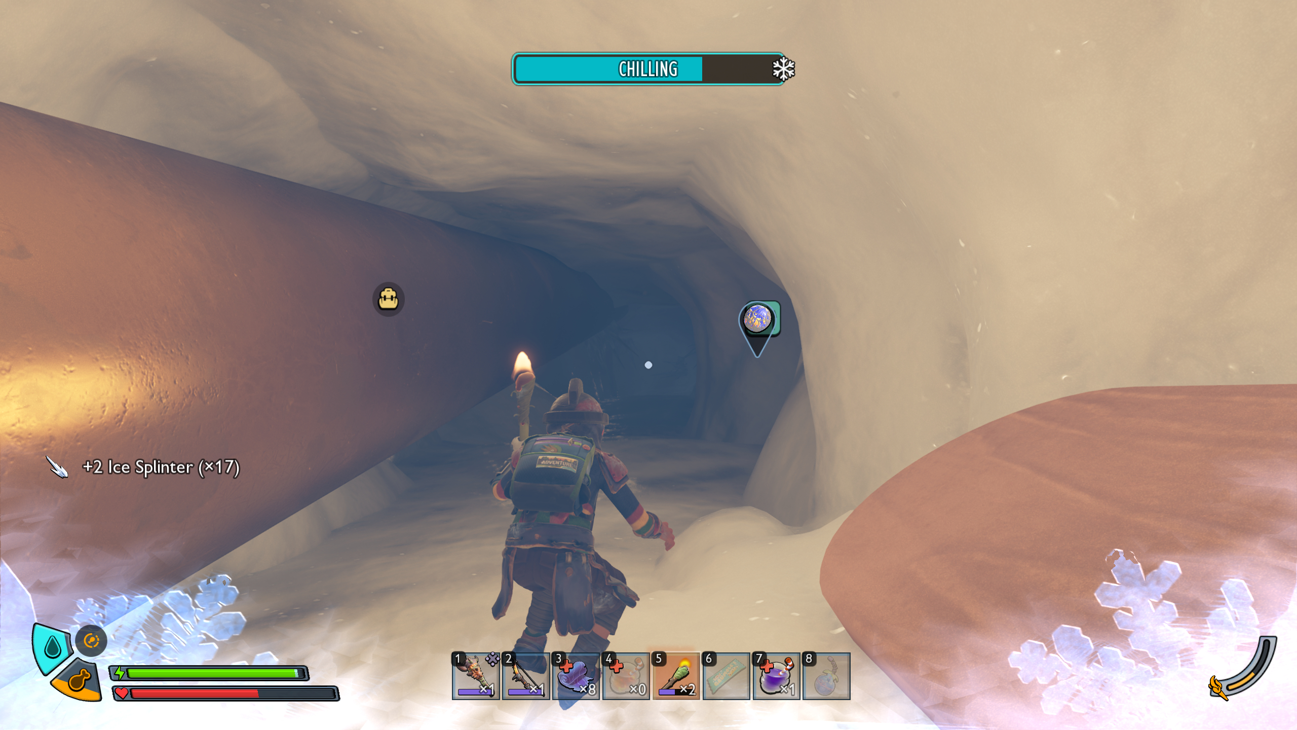 Grounded 2 Frostbitten Key: A character creeping down an icy tunnel with a torch out.