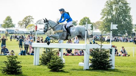 Dani Stewart-Richardson (n&eacute;e Evans) and Smart Time jump a cross-country fence made of white rails at Badminton 2018.