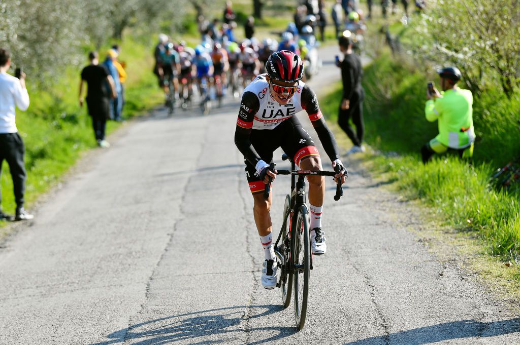 LONGIANO ITALY MARCH 23 Andres Camilo Ardila Ordoez of Colombia and UAE Team Emirates attacks in the breakaway during the 36th Settimana Internazionale Coppi e Bartali 2022 Stage 2 a 1659km stage from Riccione to Longiano 156m CoppieBartali on March 23 2022 in Longiano Italy Photo by Dario BelingheriGetty Images