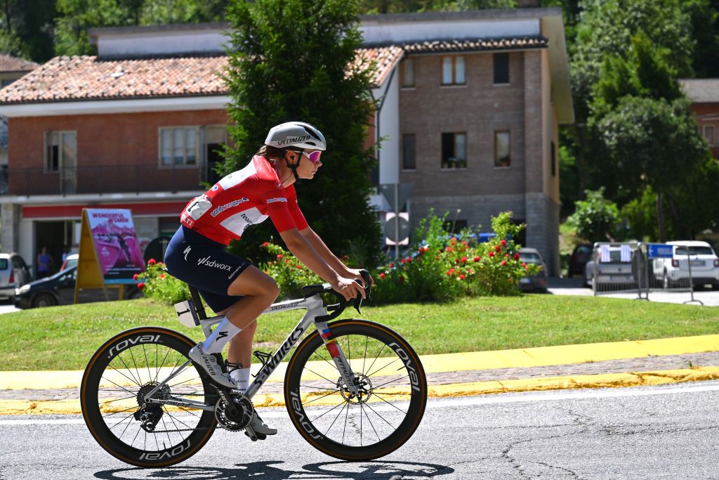 FRONTONE ITALY JULY 11 Lotte Kopecky of Belgium and Team SD Worx Protime Red Sprint Jersey prior to the 35th Giro dItalia Women 2024 Stage 5 a 108km stage from Frontone to Foligno UCIWWT on July 11 2024 in Frontone Italy Photo by Luc ClaessenGetty Images