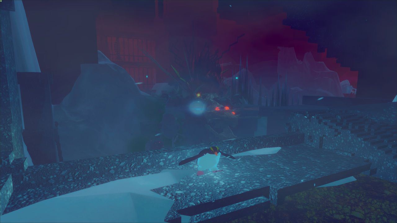 Penguin fleeing monster amid ruins in Penguin Golony