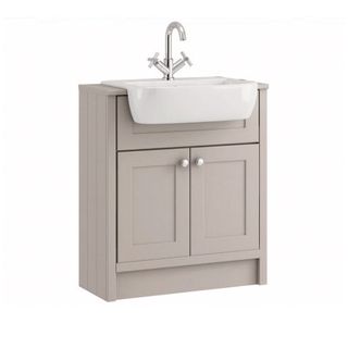 Schreiber Vanity Cabinet, two cupboard doors with base finsh a light grey wuith tongue-and-groove feature end panels and white sink