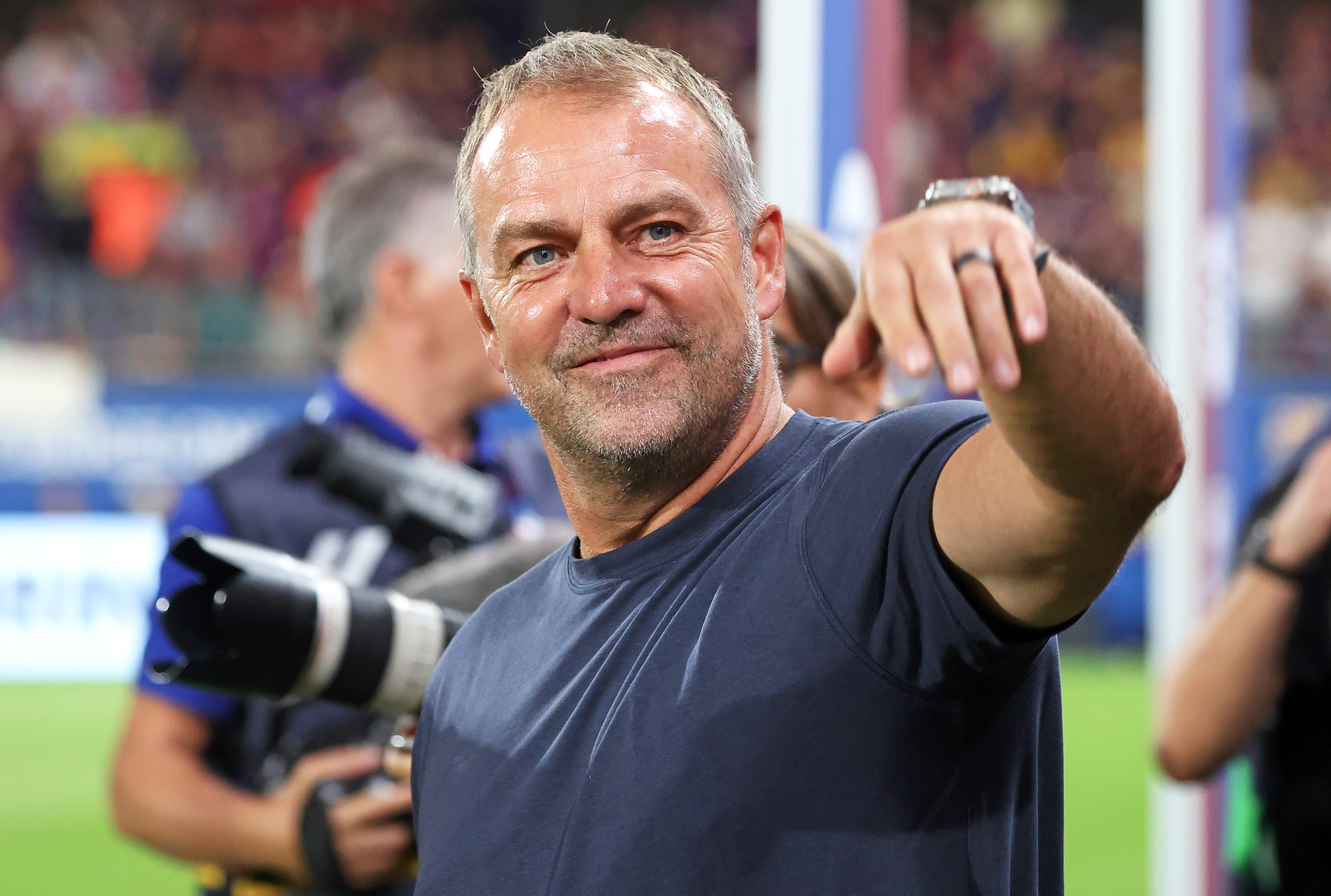 Hansi Flick coaches during the match between FC Barcelona and Valencia CF, corresponding to week 4 of LaLiga EA Sports, at the Joan Cruyff Stadium in Barcelona, Spain, on September 14, 2025. (Photo by Joan Valls/Urbanandsport/NurPhoto) -- (Photo by Urbanandsport/NurPhoto)